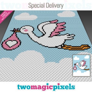 May include: A white stork with pink wings carrying a pink baby bag with a white heart on a blue background with white clouds. The text "Special Delivery" is at the top of the image.