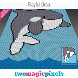 May include: A pixel art pattern of a playful orca jumping out of the water. The orca is gray and white with a black eye. The water is blue. The pattern is labeled "Playful Orca".