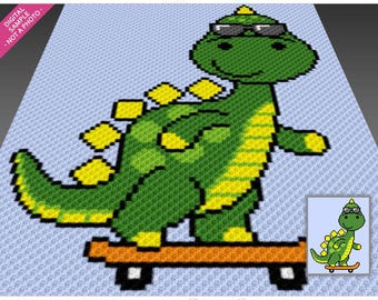 Skateboard Dinosaur crochet graph cross stitch; (c2c, mini c2c, sc, hdc, dc, tss); knitting; PDF download, no counts/ instructions