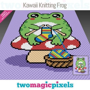 Puede incluir: Un patrón de pixel art titulado Kawaii Knitting Frog que muestra una rana verde de ojos grandes sentada sobre una seta roja con puntos blancos. La rana teje un calcetín de rayas multicolor con agujas de madera, junto a una cesta con ovillos.