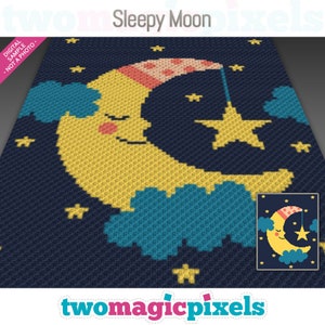 Punto de cruz gráfico de crochet Sleepy Moon; (c2c, mini c2c, sc, hdc, dc, tss); tejido de punto; Descarga en PDF, sin recuentos/instrucciones