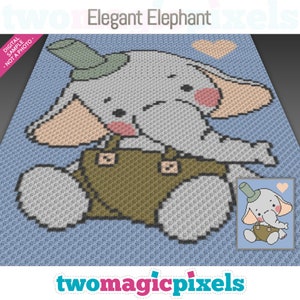 Op de afbeelding: Een haakpatroon voor een schattige olifant die een groene hoed en een overall draagt. Het patroon heet "Elegant Elephant" en is verkrijgbaar bij Two Magic Pixels.