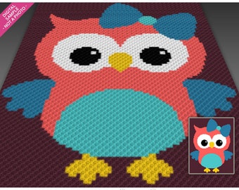 Miss Owl crochet graph (c2c, mini c2c, sc, hdc, dc, tss), cross stitch, knitting; PDF download, no counts or instructions