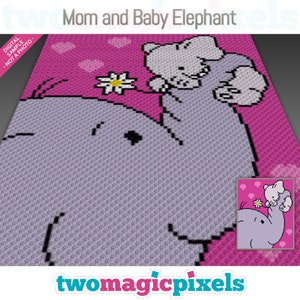 Może przedstawiać: Cyfrowy wzór na haft krzyżykowy przedstawiający mamę i dziecko słonia z różowymi sercami i kwiatem. Wzór nosi tytuł "Mama i dziecko słoń".