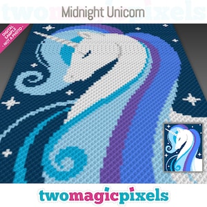 May include: A crochet pattern for a midnight unicorn with a blue, white and purple mane. The pattern includes a small image of the finished project.