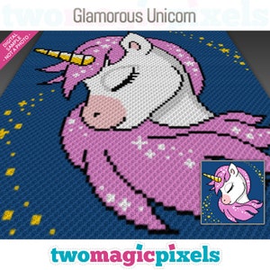 Puede incluir: Un patrón de arte de píxeles de un unicornio glamuroso con una melena y un cuerno rosas, sobre un fondo azul con estrellas doradas.