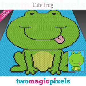 Könnte beinhalten: Ein grüner Frosch mit einem großen Lächeln und einer rosa Zunge, die herausstreckt. Der Frosch sitzt auf einem blauen Hintergrund. Das Bild ist ein Pixel-Art-Design.