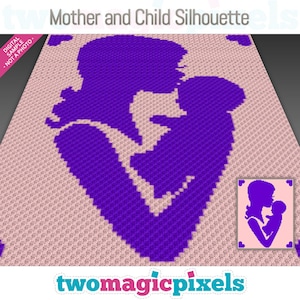 Pode incluir: Um padrão de crochê roxo de uma silhueta de mãe e filho. O padrão está sobre um fundo rosa. A imagem inclui o texto "Mother and Child Silhouette" e "twomagicpixels".