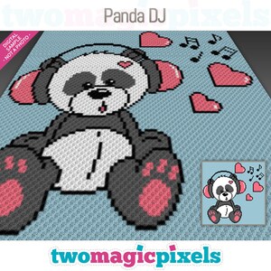 Könnte beinhalten: Ein schwarz-weißes Panda, das einen rosa Kopfhörer und ein rotes Herz auf dem Kopf trägt. Der Panda sitzt auf einem blauen Hintergrund mit rosa Herzen und Noten. Der Text "Panda DJ" befindet sich oben im Bild.