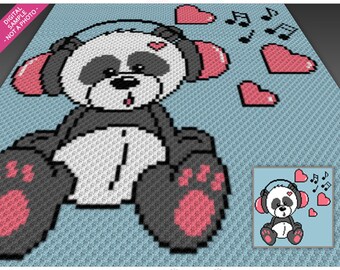 Panda DJ crochet graph (c2c, mini c2c, sc, hdc, dc, tss), cross stitch, knitting; PDF download, no counts or instructions