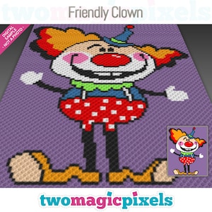 May include: A crochet pattern for a friendly clown with orange hair, a red nose, and a blue hat. The clown is wearing a red and white polka dot shirt and yellow shoes. The pattern is called "Friendly Clown" and is from the website "twomagicpixels.com".