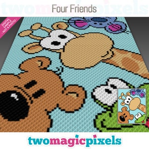 „Four Friends“ Häkelschrift (c2c, mini c2c, sc, hdc, dc, tss), Kreuzstich, stricken; PDF-Download, keine Zählungen oder Anleitungen