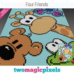 Four Friends crochet graph (c2c, mini c2c, sc, hdc, dc, tss), cross stitch, knitting; PDF download, no counts or instructions