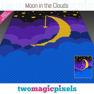 May include: A pixel art design of a yellow crescent moon with a star hanging from it, set against a purple and blue cloudy sky with stars. The text "Moon in the Clouds" is at the top of the image.