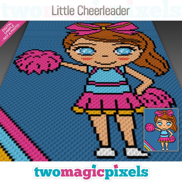 Little Cheerleader crochet graph (c2c, mini c2c, sc, hdc, dc, tss), cross stitch, knitting; PDF download, no counts or instructions