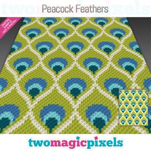 May include: A crochet pattern featuring a repeating design of peacock feathers in shades of green, blue, and white. The pattern is called "Peacock Feathers".