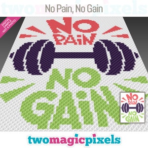 Puede incluir: Un patrón de punto de cruz digital que presenta una mancuerna con el texto "No Pain, No Gain" en rojo, verde y morado. El patrón está sobre un fondo blanco.