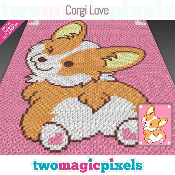 Corgi Love graph for crochet (c2c, mini c2c, sc, hdc, dc, tss), cross stitch, knitting; instant PDF download, no counts/instructions