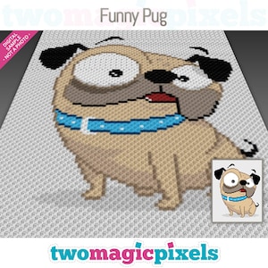 Op de afbeelding: Een pixel art-patroon van een bruine mops met grote ogen en een blauwe halsband. De mops kijkt naar rechts en heeft een verraste uitdrukking. Het patroon is op een witte achtergrond. De tekst "Funny Pug" staat bovenaan de afbeelding.
