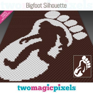 Op de afbeelding: Een bruine en witte pixel art afbeelding van een Bigfoot-voetafdruk. De afbeelding is een digitaal voorbeeld en geen foto. De tekst "Bigfoot Silhouette" staat bovenaan de afbeelding.