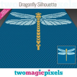 May include: A digital crochet pattern for a dragonfly silhouette. The dragonfly is yellow and blue on a blue background. The pattern is for a crochet project, not a photograph.