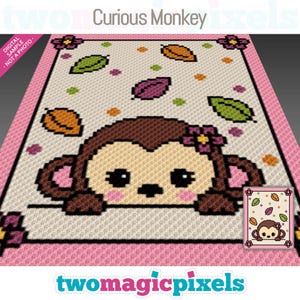 May include: A digital design featuring a curious monkey with a flower on its head, peeking over a pink border. The design includes leaves and dots in various colors on a cream background. The text "Curious Monkey" is at the top.