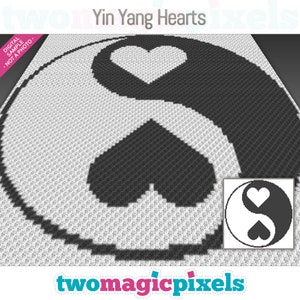 Op de afbeelding: Zwart-wit pixel art ontwerp van een yin yang symbool met harten in het midden. De titel "Yin Yang Hearts" staat boven het ontwerp.