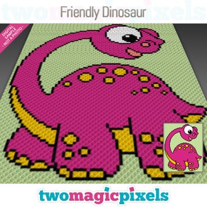 May include: A pixel art pattern of a friendly pink dinosaur with yellow spots and a yellow tail. The dinosaur is smiling and has big eyes. The pattern is on a green background. The text "Friendly Dinosaur" is at the top of the image. The text "twomagicpixels" is at the bottom of the image.
