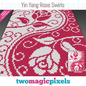 May include: A digital crochet pattern featuring a yin yang design with pink and white roses and swirls. The pattern is titled "Yin Yang Rose Swirls".