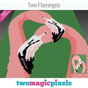 May include: A digital design featuring two pink flamingos with black and white beaks, set against a green background. The text "Two Flamingos" is at the top, with "twomagicpixels" at the bottom. A smaller image of the flamingos is in the lower right corner.