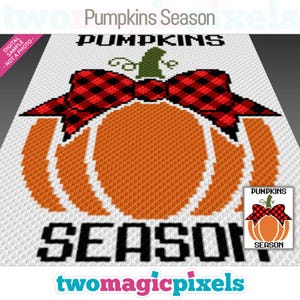 May include: A digital cross-stitch pattern featuring a pumpkin with a red and black checkered bow. The text "Pumpkins Season" is displayed below the pumpkin.