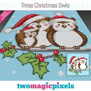 May include: Three brown and white owls wearing red Santa hats with white trim, sitting on a branch with green holly leaves and red berries. The owls are against a light blue background with white snowflakes.