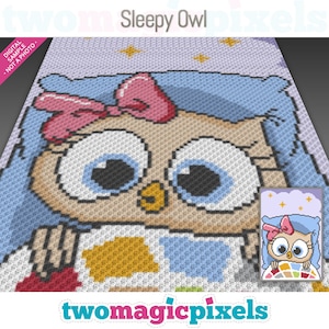 May include: A digital sample of a crochet design featuring a cartoon owl with blue hair and a pink bow. The owl has large blue eyes and is set against a light blue and purple background with yellow stars. The text "Sleepy Owl" is at the top.