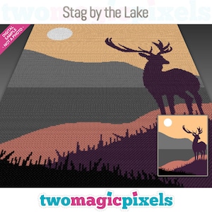 May include: A digital pixel art image of a stag standing by a lake at sunset. The stag is a dark silhouette against a background of orange, yellow, and gray mountains. The sun is a white circle in the sky.