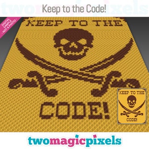 Pode incluir: Um design de pixel art amarelo e marrom de uma caveira e ossos cruzados com o texto "Keep to the Code!" O design é uma amostra digital, não uma fotografia.