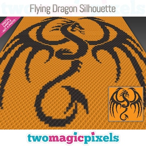 Könnte beinhalten: Ein schwarzes und oranges Pixel-Art-Design einer fliegenden Drachen-Silhouette. Das Design befindet sich auf einem quadratischen Hintergrund mit den Worten "Flying Dragon Silhouette" oben und "twomagicpixels" unten.