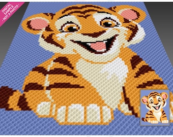 Little Tiger crochet graph (c2c, mini c2c, sc, hdc, dc, tss), cross stitch, knitting; PDF download, no counts or instructions