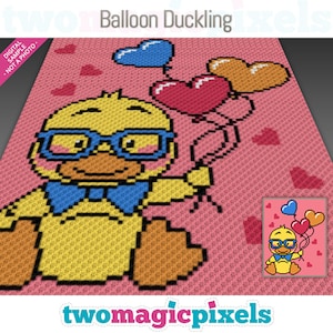 May include: A yellow duckling wearing blue glasses and a blue bow tie holds three heart-shaped balloons in its right hand. The balloons are blue, pink, and orange. The background is pink with small pink hearts.