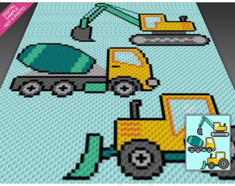 Construction Vehicles crochet graph cross stitch; (c2c, mini c2c, sc, hdc, dc, tss); knitting;  PDF download, no counts/ instructions