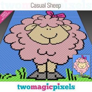 Puede incluir: Ilustración pixelada de una oveja con lana rosa y un lazo rosa. La oveja tiene una cara beige y está sobre un fondo azul con hierba verde en la parte inferior. El texto "Casual Sheep" está en la parte superior.