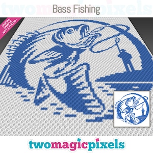 May include: A blue and white pixel art design of a bass fish being caught by a fisherman. The design is titled "Bass Fishing" and is a digital sample, not a photo.