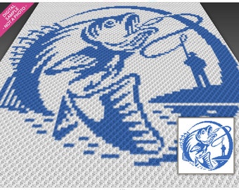 Bass Fishing crochet graph cross stitch; (c2c, mini c2c, sc, hdc, dc, tss); knitting;  PDF download, no counts/ instructions