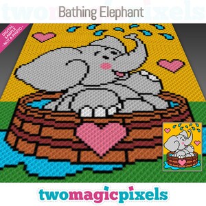 Puede incluir: Un diseño digital que muestra un elefante gris pixelado bañándose en una cesta marrón con un corazón rosa. El fondo es amarillo con gotas de agua azules y corazones rosas. El texto "Bathing Elephant" está en la parte superior.