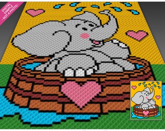 Bathing Elephant crochet graph cross stitch; (c2c, mini c2c, sc, hdc, dc, tss); knitting; PDF download, no counts/ instructions