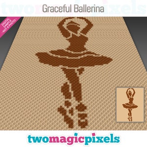 May include: A brown crochet pattern of a ballerina with the text "Graceful Ballerina" above the image and "twomagicpixels" below the image.