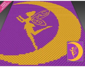 May include: A digital crochet pattern featuring a silhouette of a fairy flying in front of a crescent moon. The pattern is made up of purple and yellow squares.