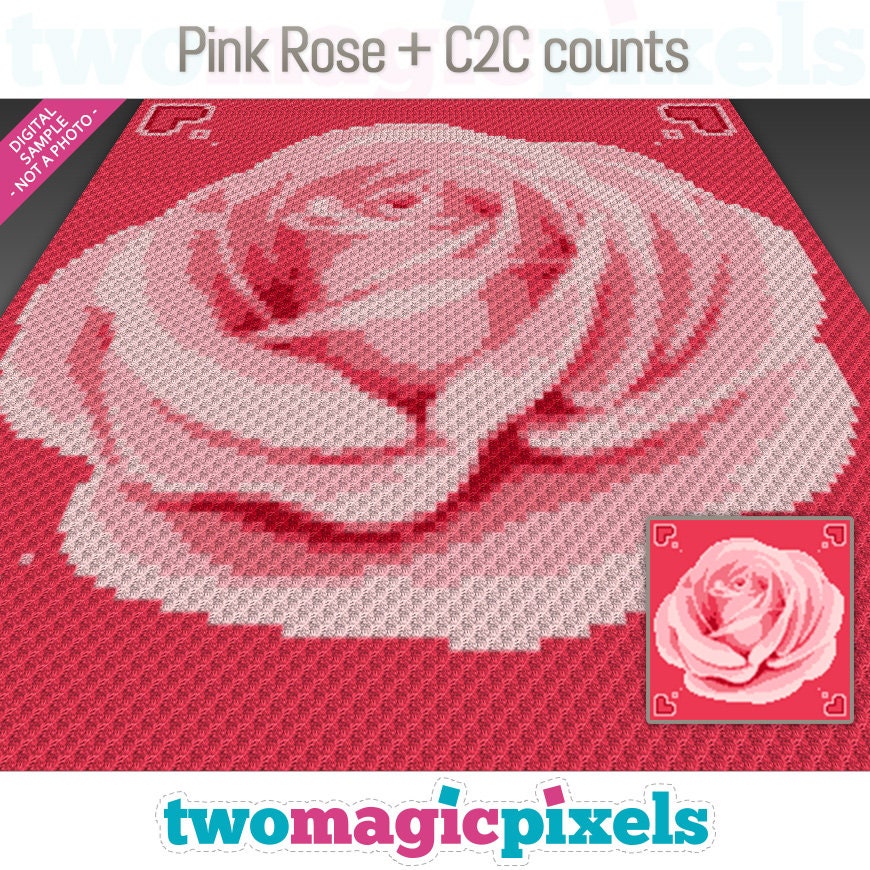 Pink Rose crochet graph + C2C row-by-row counts;