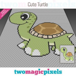 May include: A pixel art pattern of a cute green turtle with a brown shell. The turtle has big eyes and a small smile. The pattern is on a gray background.