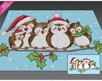 Five Christmas Owls crochet graph (c2c, mini c2c, sc, hdc, dc, tss), cross stitch, knitting; PDF download, no counts or instructions