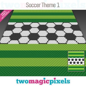 Pode incluir: Um padrão de crochê para um cobertor temático de futebol. O padrão apresenta um design listrado verde e branco com um padrão de bola de futebol preto e branco no centro.